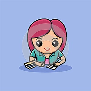 Cute girl writing for homework, Study concept cartoon