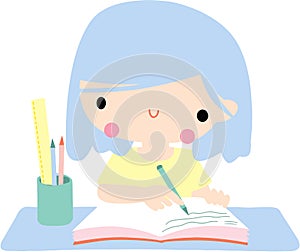 Cute girl writing notes and doing homework with pen and pencil