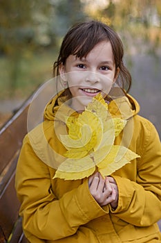 Cute girl in yellow coat sitting on the bench. The girl holds an armful of leaves