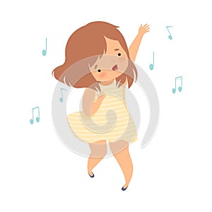 Cute Girl in Yellow Dress Singing and Dancing, Adorable Kid Having Fun and Enjoying Listening to Music Cartoon Vector