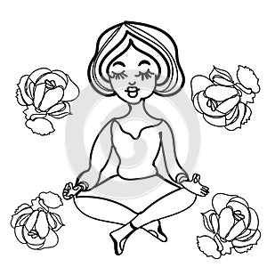 Cute girl in yoga pose. Adult coloring page. roses around. Black and white vector illustration.
