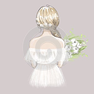 Cute girl, young woman, bride with a bouquet of peonies. Hand drawn illustration