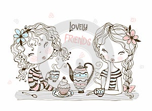 Cute girlfriends drink tea. Vector illustration in Doodle style