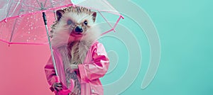 Cute girlish hedgehog in pink raincoat holding open transparent umbrella, prepared for wet weather.