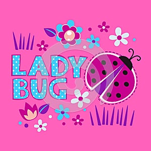 Cute girlish illustration with ladybug and flowers