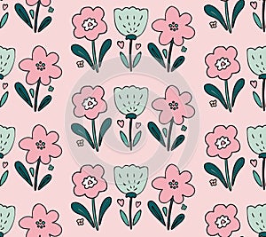 Cute girlish seamless pattern vector background with hand drawn floral elements - flowers and leaves in simple style in black ink