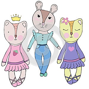 Cute girls animals in dresses with mom, vector set of elements, child drawing