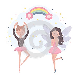 Cute girls ballerina and fairy dancing, fairy tale characters. Flat cartoon vector illustration