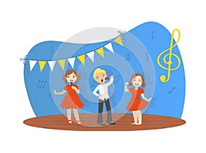 Cute Girls and Boy Singing on Stage, Talented Young Musicians Performing at Party, Concert or Music Festival Vector