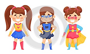 Cute Girls Character in Superhero Costume and Cloak Posing Vector Illustrations Set