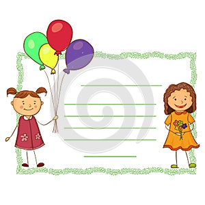 Cute girls holding a balloon and flowers horisontal banner invitation, card, postcard