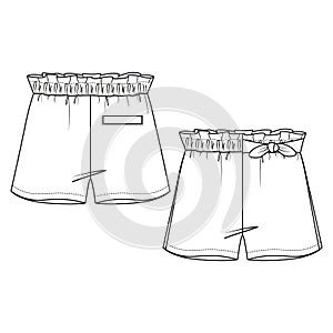 Cute Girls Shorts with decorative bow fashion flat sketch template. Technical Fashion Illustration. Paperbag waist. Back Welt Pock