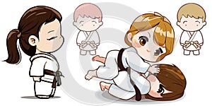 Cute girls sparring martial arts floor judo with others looking on vector graphics