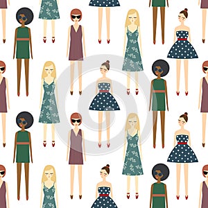 Cute girls in trendy dresses seamless pattern on white background.