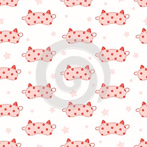 Cute girly flat night sleep eye mask with cat ears. Vector cartoon seamless pattern.