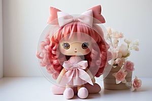 A cute girly pink doll in a dress with a bow and big round eyes and a headband in fuzzy hair and a pot of flowers on the