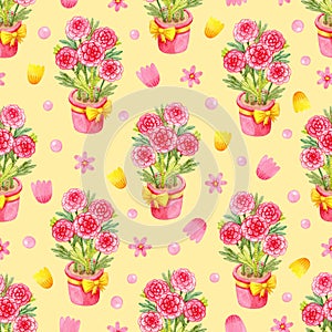 Cute girly seamless pattern with watercolor flowers. Drawing of a flower pot with stylized roses.