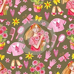 Cute girly seamless pattern. Watercolor print with girly wardrobe and accessories.
