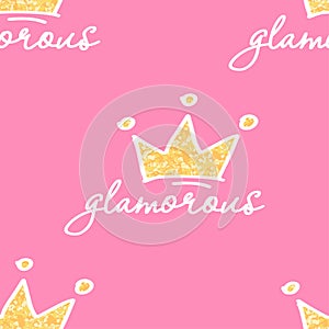 Cute glamorous seamless pattern with lettering elements and sparkling crown on pink background, editable vector illustration