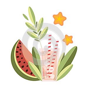 Cute glass with lemonade and ice. Stars, Plants and watermelon composition