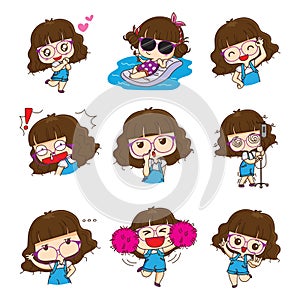 Cute glasses girl character design in different emotions and expressions.