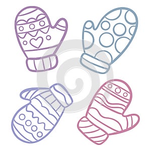 Cute glove elements, hand drawn line art doodles, winter holiday clip art collection
