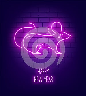 Cute glowing contour rat on a brick wall. Vector illustration in neon style.