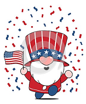 Cute Gnome 4th of July, Independence day, Gnome in america hat with usa flag, Doodle cartoon flat vector illustration for greeting