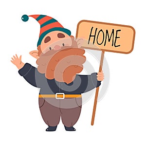 Cute Gnome Character with Beard in Pointy Hat Holding Pole with Board and Waving Hand Vector Illustration