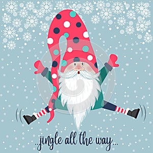 Cute gnome jump. Christmas card. Flat design