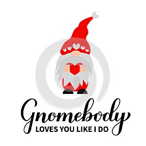 Cute gnome and lettering Gnomebody loves you like I do. Funny Valentine quote. Vector template for Valentines Day poster