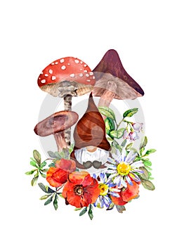 Cute gnome with mushrooms, field flowers design. Watercolor fairytale forest card illustration