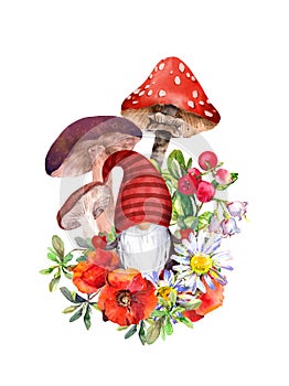 Cute gnome with mushrooms and field flowers design. Watercolor forest card illustration