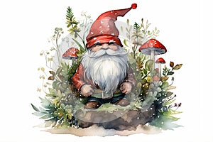 Cute gnome in a red hat with mushrooms and forest plants. Watercolor illustration of fairy-tale. Dwarf standing with fly agaric,