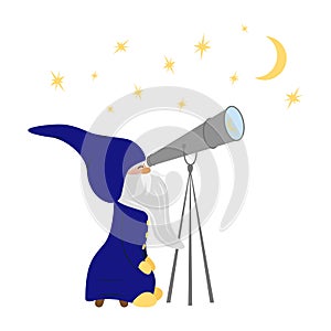 Cute Gnome Stargazer looking on the stars and the moon through a telescope