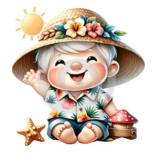Cute Gnome Summer Beach Clipart Illustration AI Generative photo