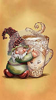 cute gnome wearing a cap made of coffee beans holding a large mug