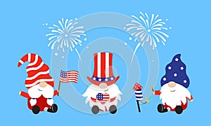 Cute gnomes in American style costumes. 4th July celebration.