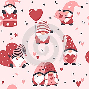 Cute gnomes with hearts, vector seamless pattern