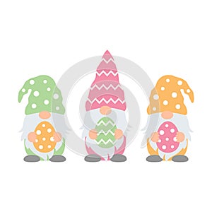 Cute gnomes hold colorful eggs in Easter. Isolated on background.