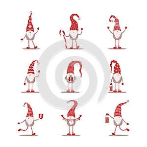 Cute gnomes in red santa hats on white background. Scandinavian christmas elves. Vector illustration in flat cartoon