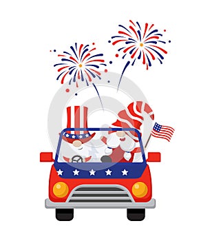 Cute gnomes riding car with 4th of July theme celebration. USA independence day.
