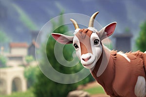 A cute goat in a 3D cartoon animation style, with a charming and friendly lamp character showing happiness and adorableness
