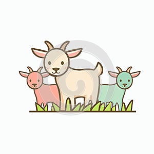 Cute goat animals grazing on a farm meadow icon. Isolated vector illustration.