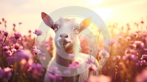 Cute goat in a field with flowers in nature, in the sun& x27;s rays. Environmental protection, the problem of ocean and