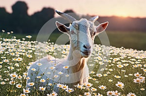 Cute goat on green lawn with daisies at sunset. Horned animal on walk on green grass with wild flowers, chamomiles.
