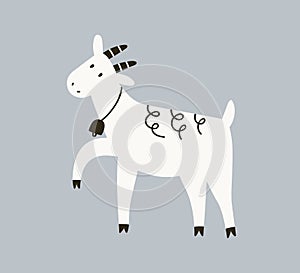 Cute goat in Scandinavian doodle style. Adorable baby farm animal with bell. Funny horned livestock in country. Amusing