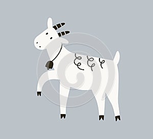 Cute goat in Scandinavian doodle style. Adorable baby farm animal with bell. Funny horned livestock in country. Amusing photo