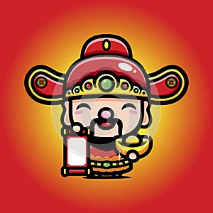 the cute god of wealth cai shen cartoon character carrying a roll of letters and gold coins