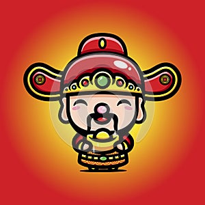 cute god of wealth cai shen cartoon character holding gold coins